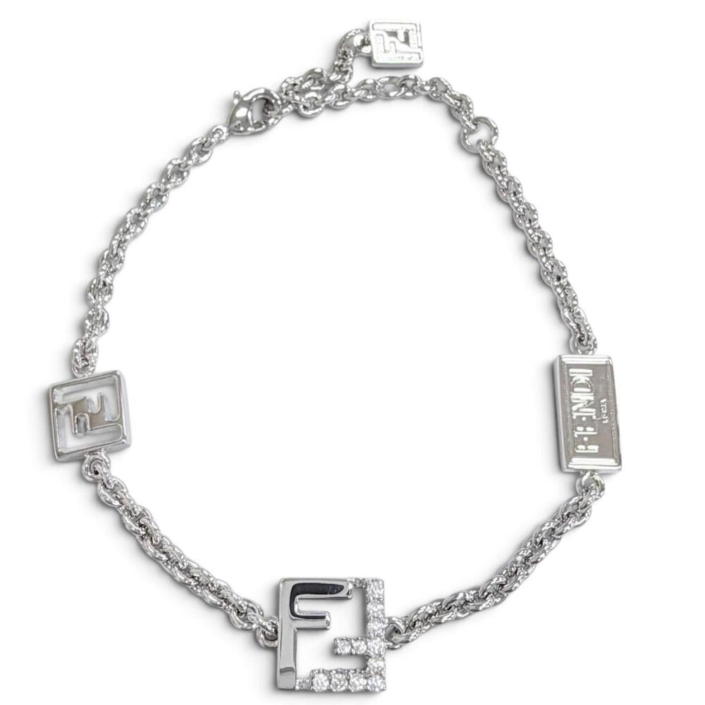 FENDI 8AK321 FOREVER FF Logo Crystal Chain Bracelet, Silver, Made in Italy, W...